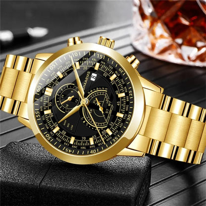 Reloj para hombre + pulsera, dorado!