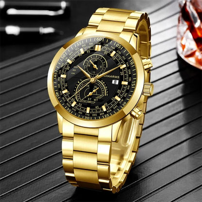 Reloj para hombre + pulsera, dorado!