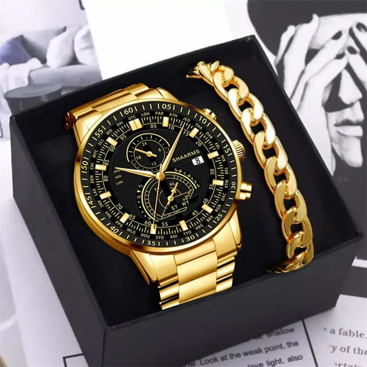 Reloj para hombre + pulsera, dorado!